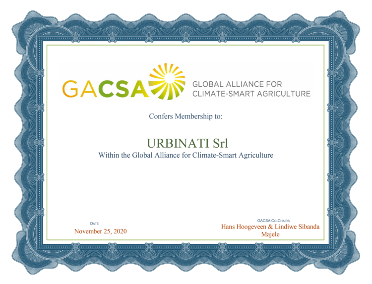 Certificado de pertenencia de GACSA dentro de la asociación global para la agricultura inteligente del clima
 URBINATI